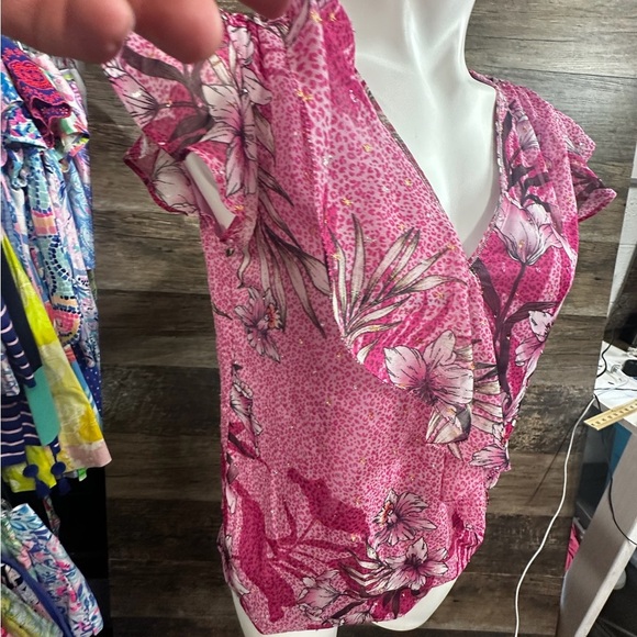 White House Black Market Pink Flutter Sleeve Wrap Blouse - Picture 7 of 8